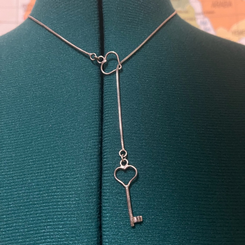 Heart key lariat sterling silver necklace